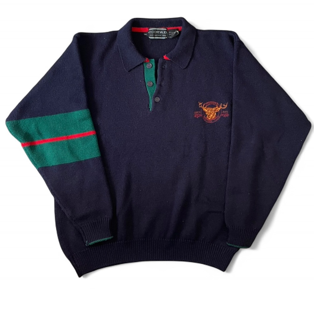 Leo Chevalier size large 50% wool Navy Polo Sweater with Green and Red Accents